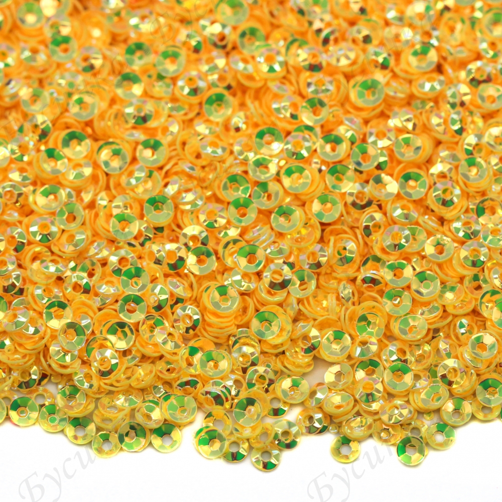 Пайетки 3 мм. вогнутые с гранями Цвет: Жёлтый с золотисто-зелёным отливом, 2,5 гр.