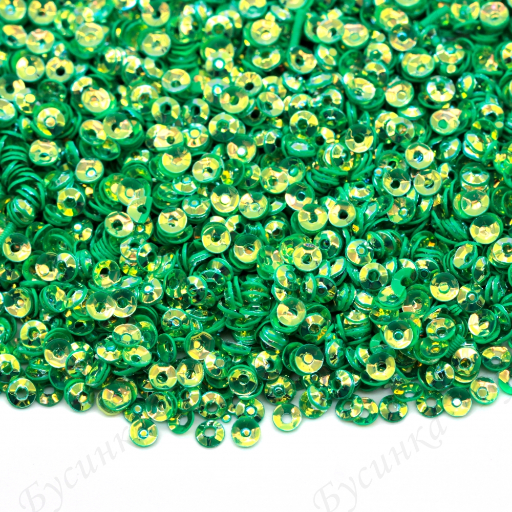 Пайетки 3 мм. вогнутые с гранями Цвет: Зелёный с золотистым отливом, 2,5 гр.