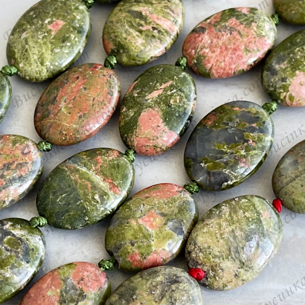 Бусины Натур. камень Яшма унакит овальные 18х13х5,5мм, Зелено-Розовый