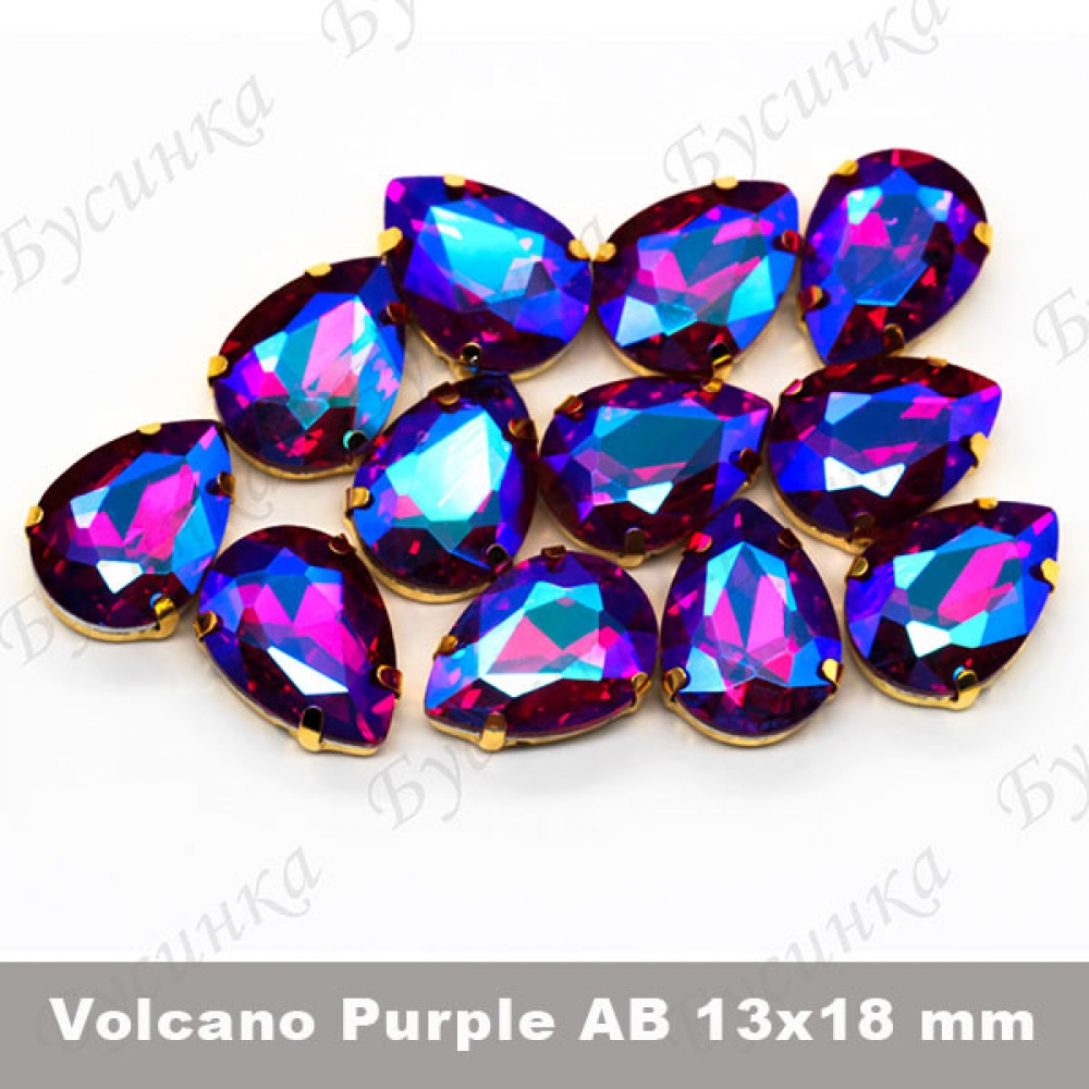 Стразы в золот. цапах Капля "Volkano Purple AB" 13х18мм SWA crystalls
