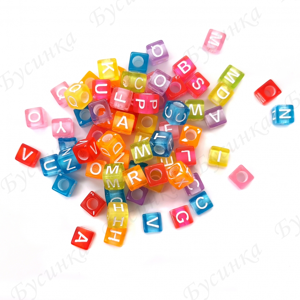 Бусины акрил алфавит полупрозрачный разноцветный Микс Кубики 6х6х6мм