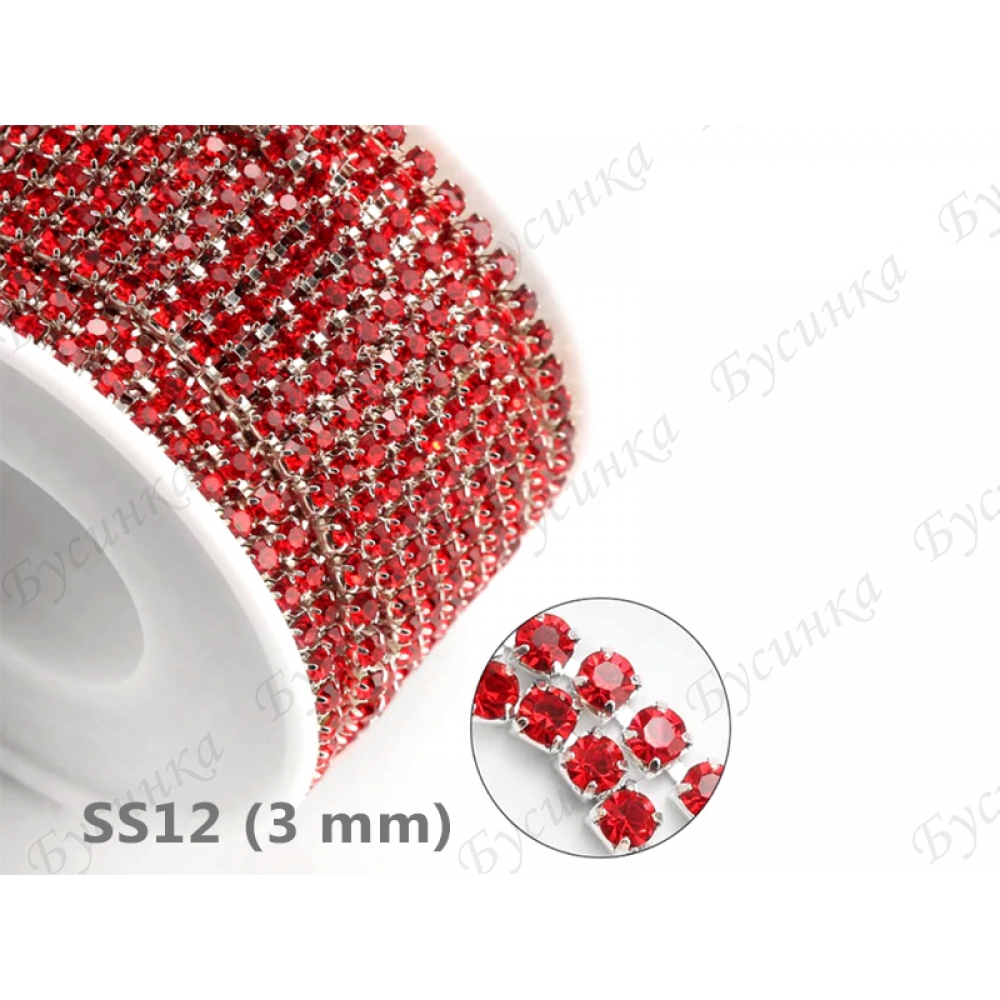 Стразовая Цепь Латунь, Кристалл Красный, ss12 (3 мм.), Серебро 50 см.