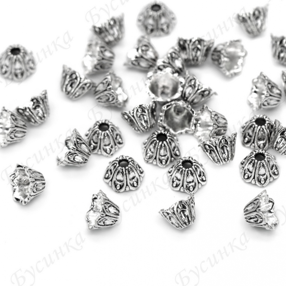 Шапочки для Бусин цветок 6x9мм, D-6мм., Античное Серебро